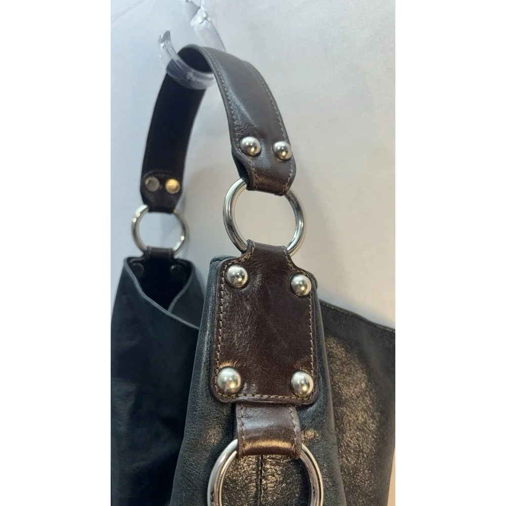 TANO Black Leather Hobo Shoulder Bag Purple Lining Studded Hardware